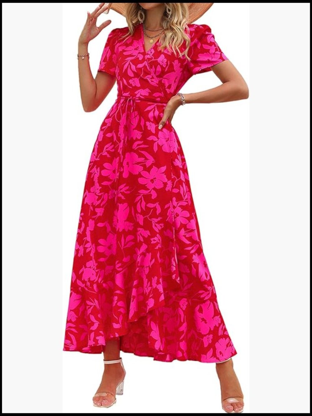 Wrap V Neck Maxi Dress with Short Sleeves and Ruffle Hem